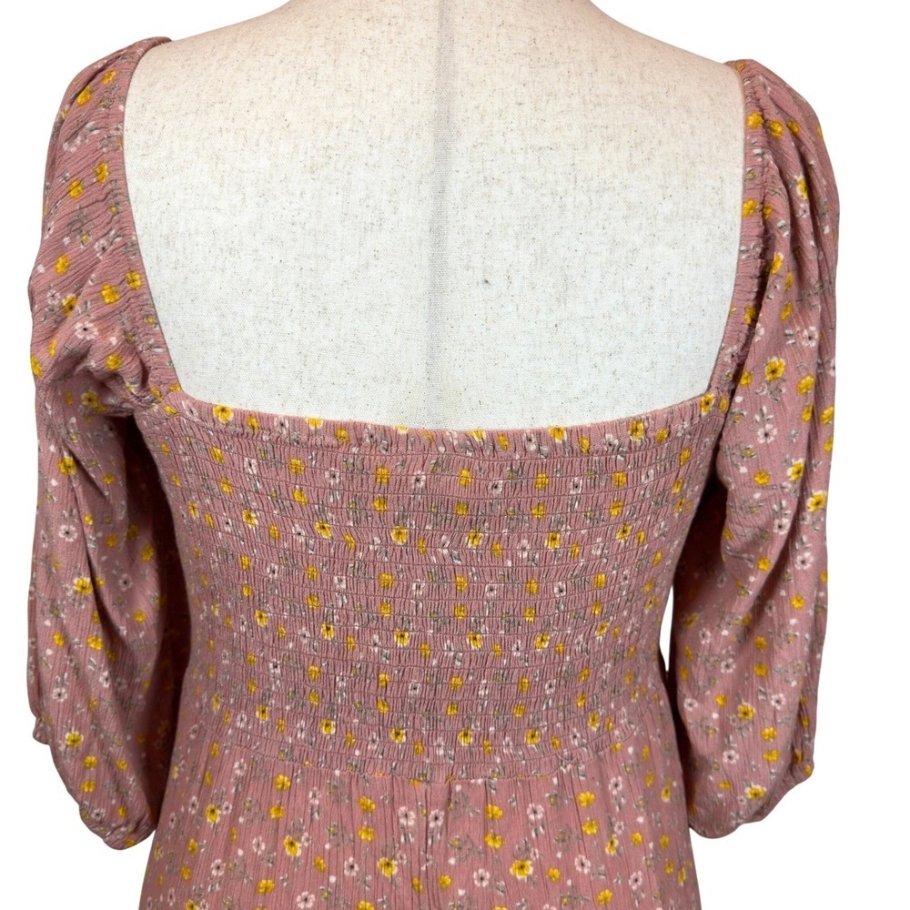 Floral Mini Dress Medium Dusty Rose Puff Sleeves Smocked Back Ruffle Hem Boho - Picture 4 of 11